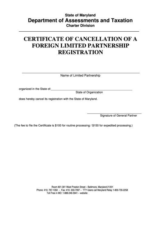 Fillable Certificate Of Cancellation Of A Foreign Limited Partnership Registration - Maryland Department Of Assessments And Taxation Printable pdf
