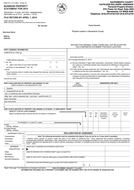Fillable Form Boe-571-L - Business Property Statement - 2014 Printable pdf