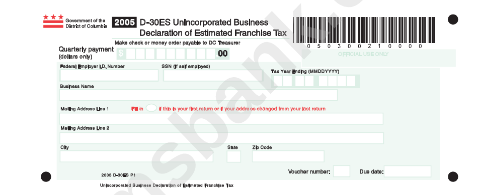 Form D-30es - Unincorporated Business Declaration Of Estimated Franchise Tax - 2005
