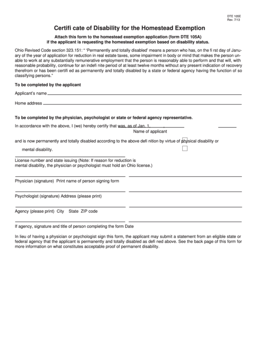 Fillable Form Dte 105e - Certificate Of Disability For The Homestead Exemption Printable pdf