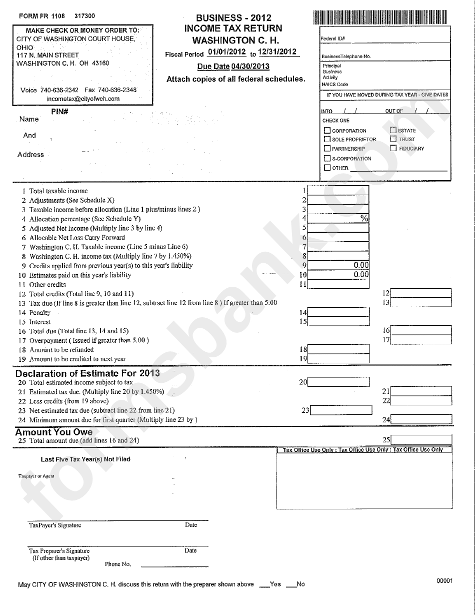 Form Fr 1108 - Business Income Tax Return - City Of Washington Court House - 2012