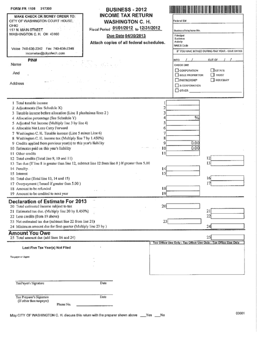 Form Fr 1108 - Business Income Tax Return - City Of Washington Court House - 2012 Printable pdf