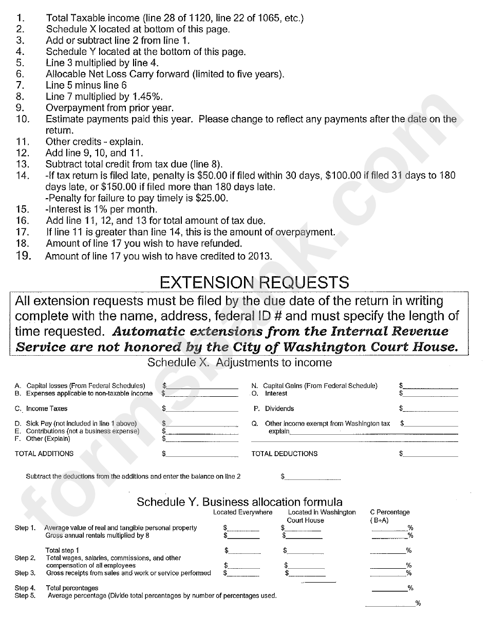 Form Fr 1108 - Business Income Tax Return - City Of Washington Court House - 2012