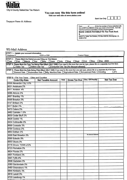 City And County Sales/use Tax Return Form - Alabama Sales Tax Division Printable pdf