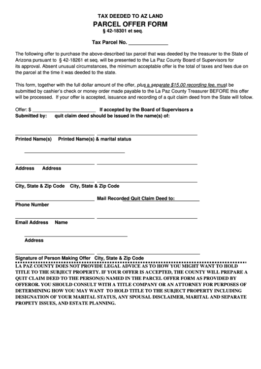 Parcel Offer Form La Paz County printable pdf download