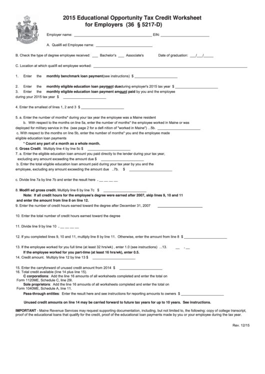 Educational Opportunity Tax Credit Worksheet For Employers - 2015 Printable pdf