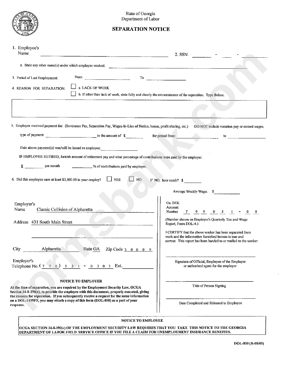 Form Dol-800 - Separation Notice