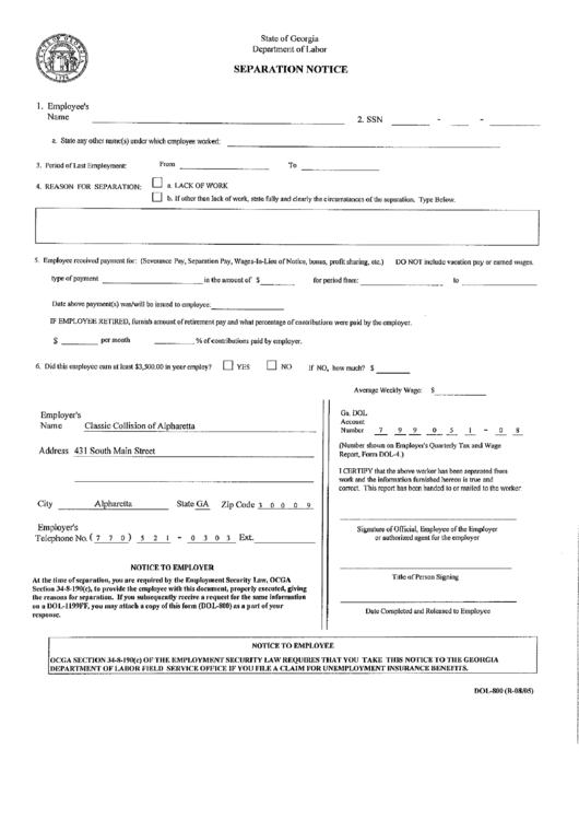 Form Dol-800 - Separation Notice Printable pdf