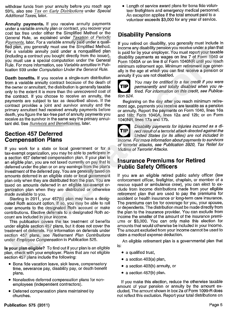 Publication 575 - Pension And Annuity Income - 2011