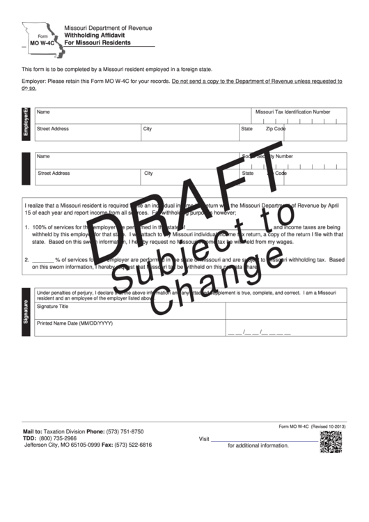 Form Mo W-4c - Withholding Affidavit For Missouri Residents Printable pdf