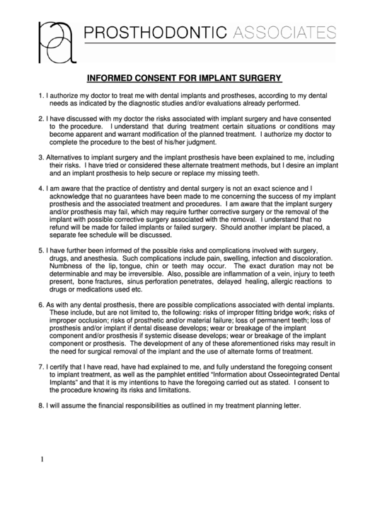 Informed Consent For Implant Surgery Printable pdf