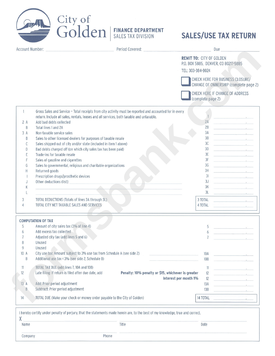 Sales/use Tax Return Form - City Of Golden Sales Tax Division
