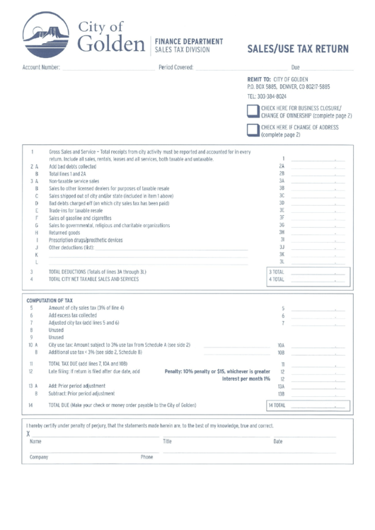 Sales/use Tax Return Form - City Of Golden Sales Tax Division Printable pdf