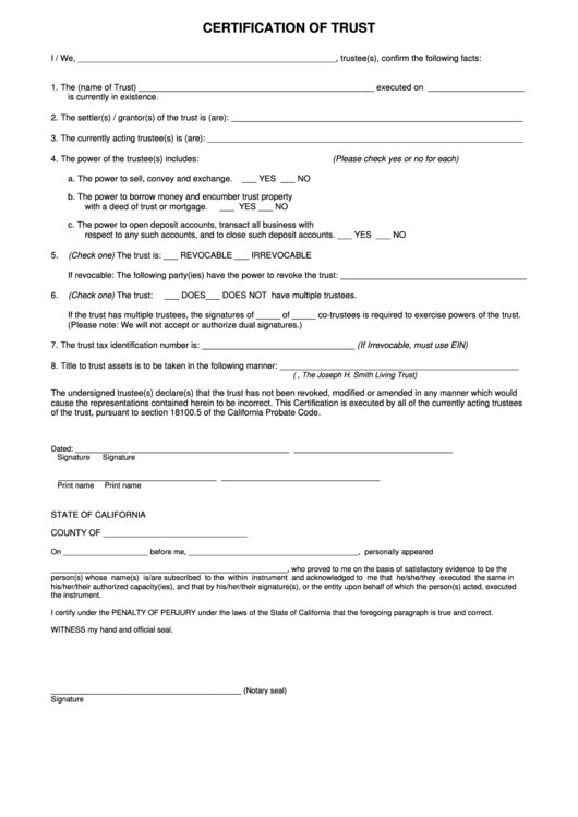 Fillable Certification Of Trust Form Printable pdf
