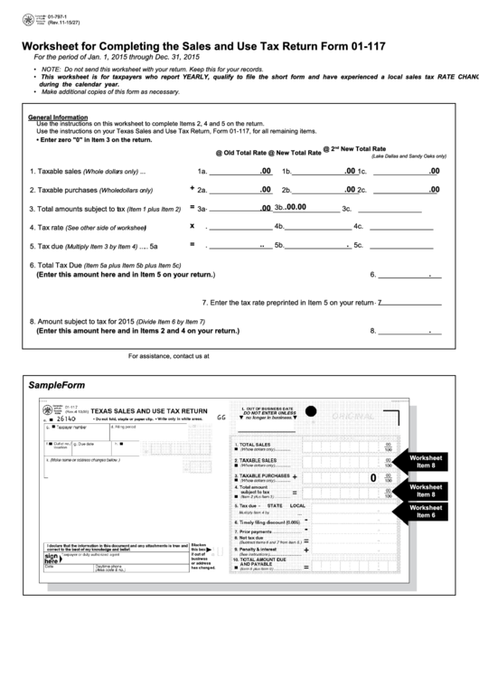 Fillable Worksheet For Completing The Sales And Use Tax Return Form 01-117 Printable pdf