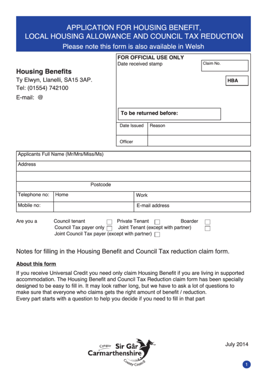 Application For Housing Benefit, Local Housing Allowance And Council Tax Reduction - Carmarthenshire County Council Printable pdf