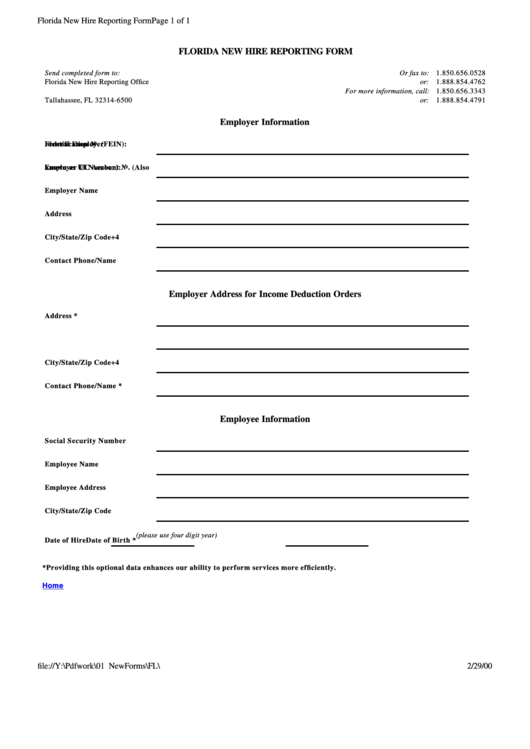 Florida New Hire Reporting Form Printable pdf