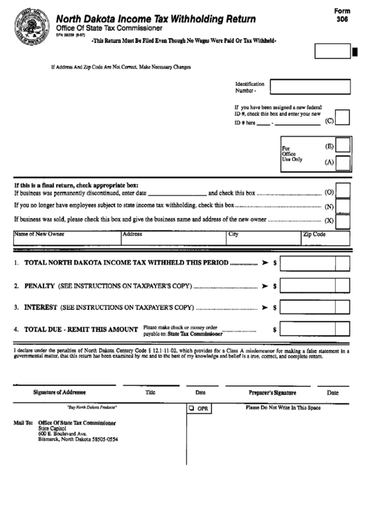 Form 306 - North Dakota Income Tax Withholding Return Printable pdf