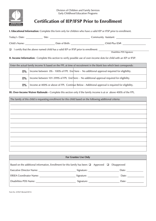 Fillable Form 24782t - Certification Of Iep/ifsp Prior To Enrollment -Riverside County Division Of Children And Family Services Printable pdf