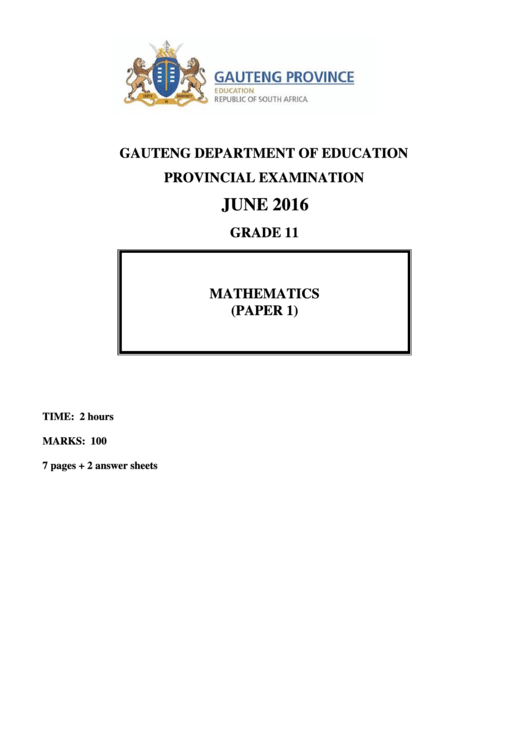 Grade 11 Mathematics (Paper 1) Worksheet - Gauteng Department Of Education - With Answers - 2016 Printable pdf