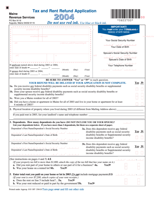 Tax And Rent Refund Application - Maine Revenue Services - 2004 Printable pdf
