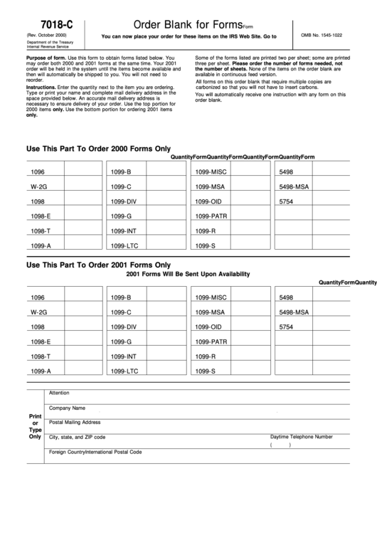 Form 7018-C - Order Blank For Forms Printable pdf