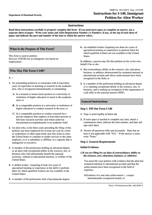 Instructions For Form I-140 - Immigrant Petition For Alien Worker - U.s. Citizenship And Immigration Services Printable pdf