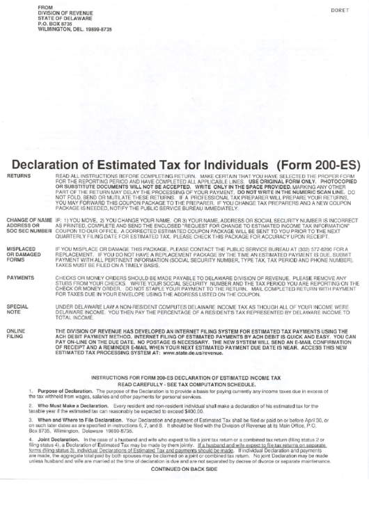 Instructions For Form 200-Es - Estimated Tax For Individuals Printable pdf