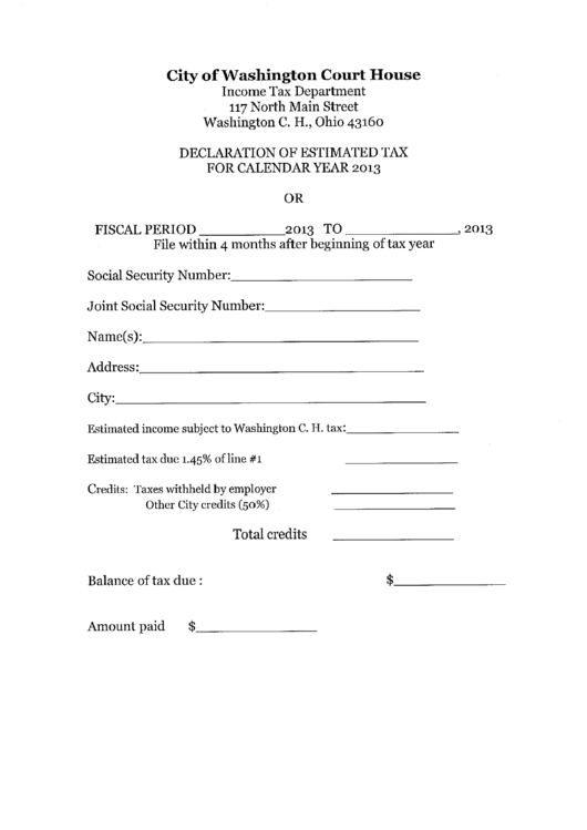 Declaration Of Estimated Tax - City Of Washington Court House - 2013 Printable pdf