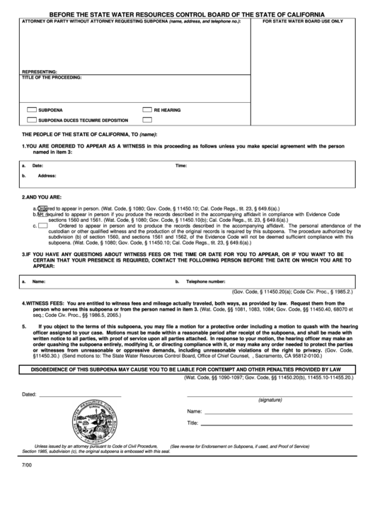 Fillable Subpoena Form - State Water Resources Control Board Of The State Of California Printable pdf