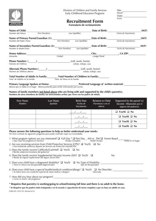 Form 4422t-e/s - Recruitment Form - Division Of Children And Family Services - Riverside County