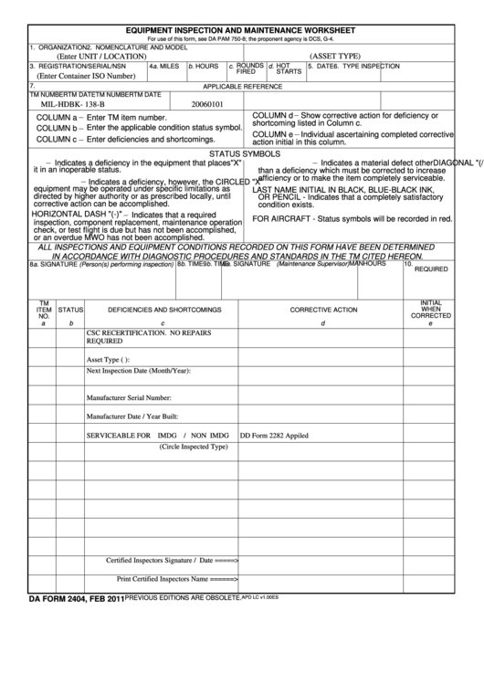 Fillable Da Form 2404 - Equipment Inspection And Maintenance Worksheet Printable pdf