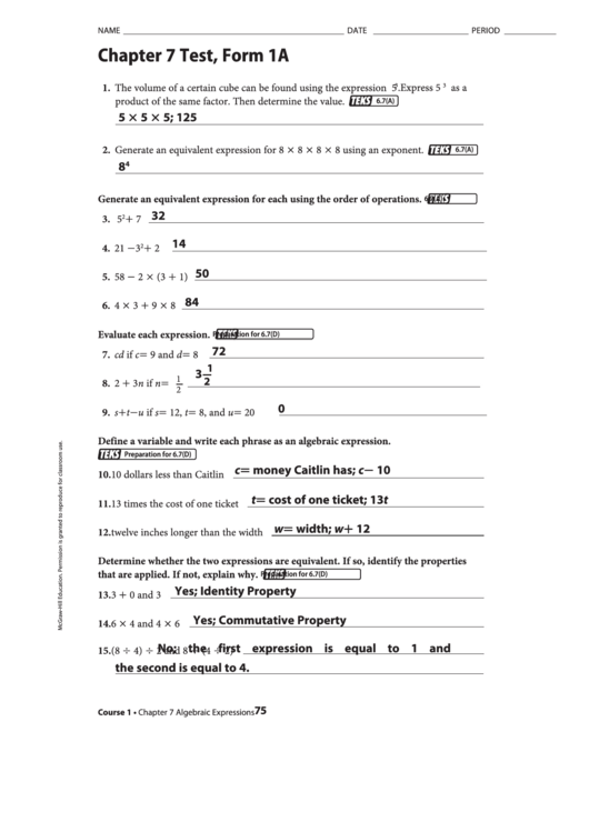 Form 1a - Chapter 7 Test Printable pdf