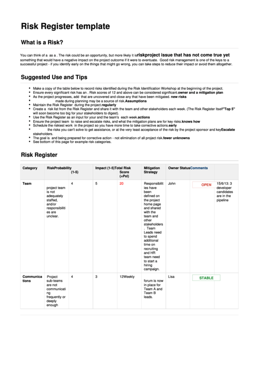 Risk Register Template Printable pdf