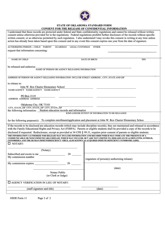 Osde Form 11 - Consent For The Release Of Confidential Information Printable pdf