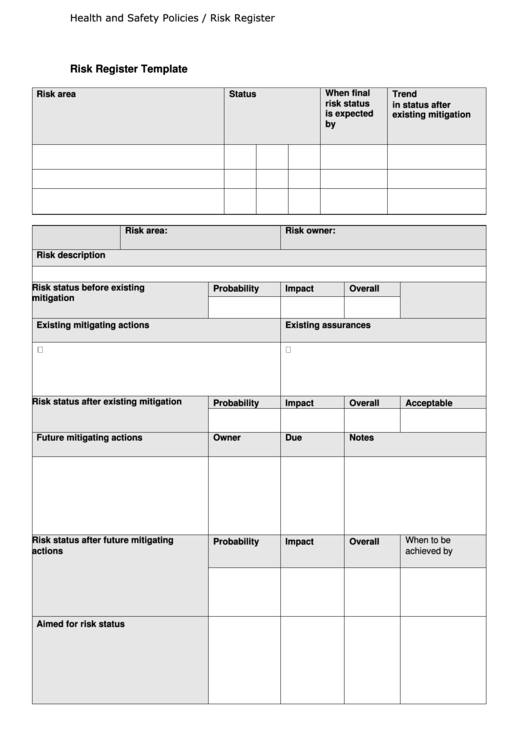 Risk Register Template - Health And Safety Policies Printable pdf