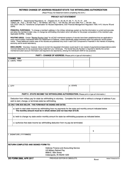 Fillable Dd Form 2866 - Retiree Change Of Address Request/state Tax Withholding Authorization Printable pdf