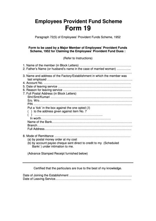 Form 19 - Employees Provident Fund Scheme Printable pdf
