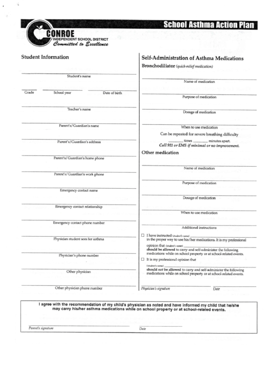 School Asthma Action Plan Form Printable pdf
