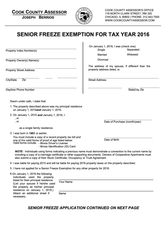 Senior Freeze Exemption - Cook County Assessor - 2016 Printable pdf