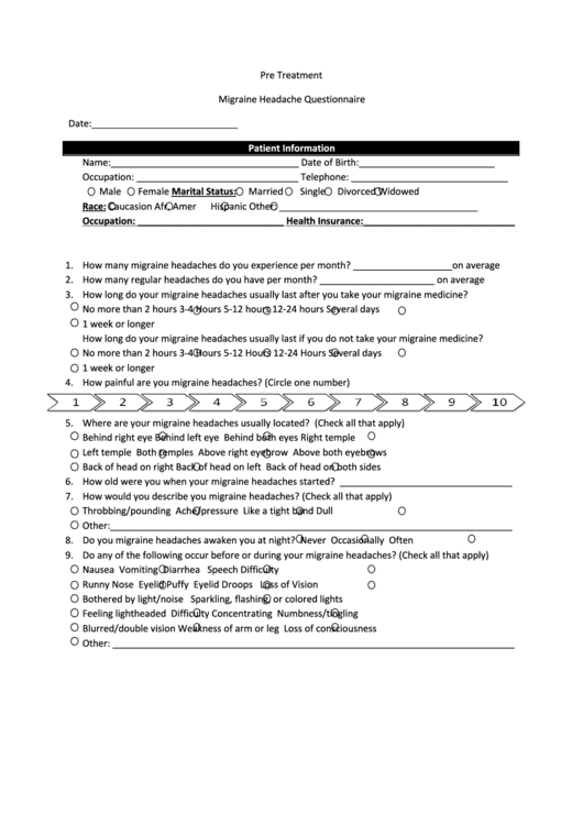 Pre Treatment Migraine Headache Questionnaire Printable pdf