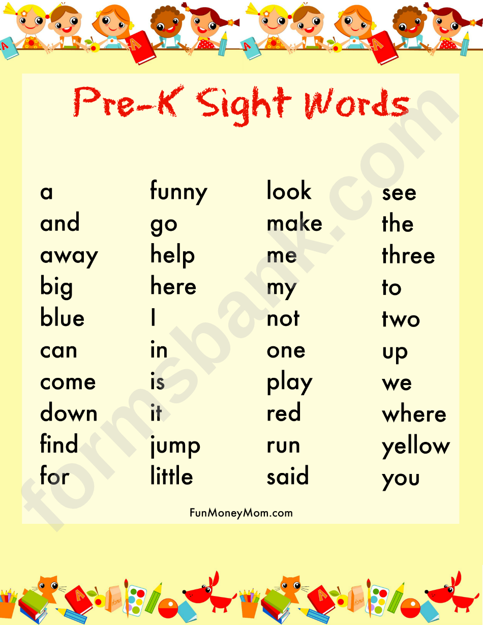 pre k sight words worksheets