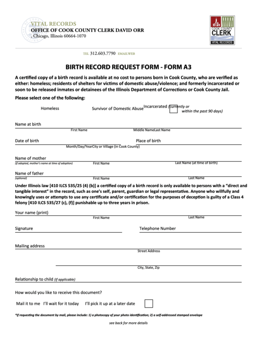 Form A3 - Birth Record Request Form