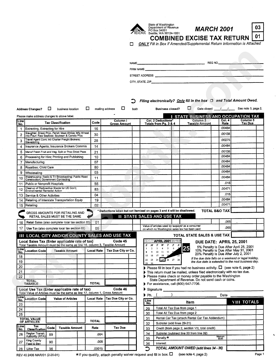 Combined Excise Tax Return State Of Washington printable pdf download