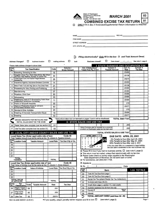Combined Excise Tax Return - State Of Washington Printable pdf