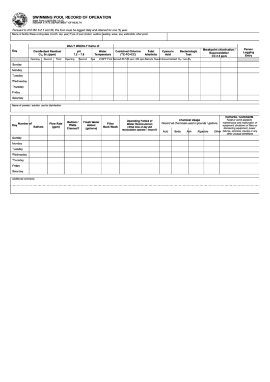 State Form 12279 - Swimming Pool Record Of Operation - Indiana Department Of Health Printable pdf