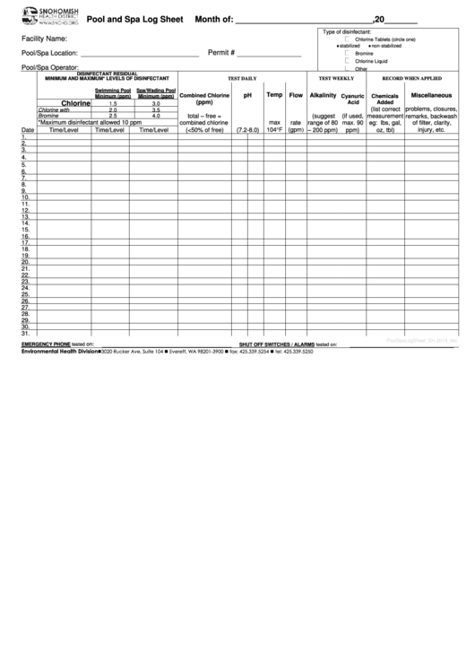 Pool And Spa Log Sheet Printable pdf