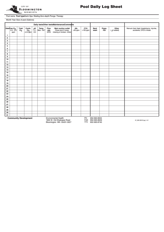 Pool Daily Log Sheet Printable pdf