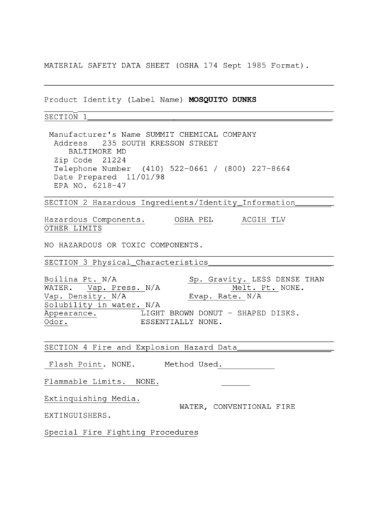 Osha Form 174 - Material Safety Data Sheet Printable pdf