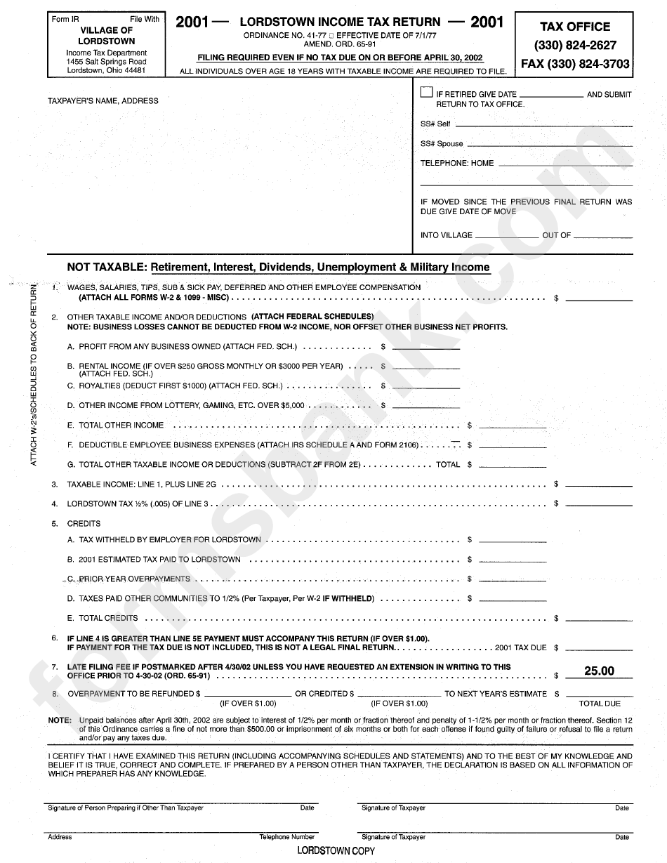 Form Ir - Lordstown Income Tax Return - 2001